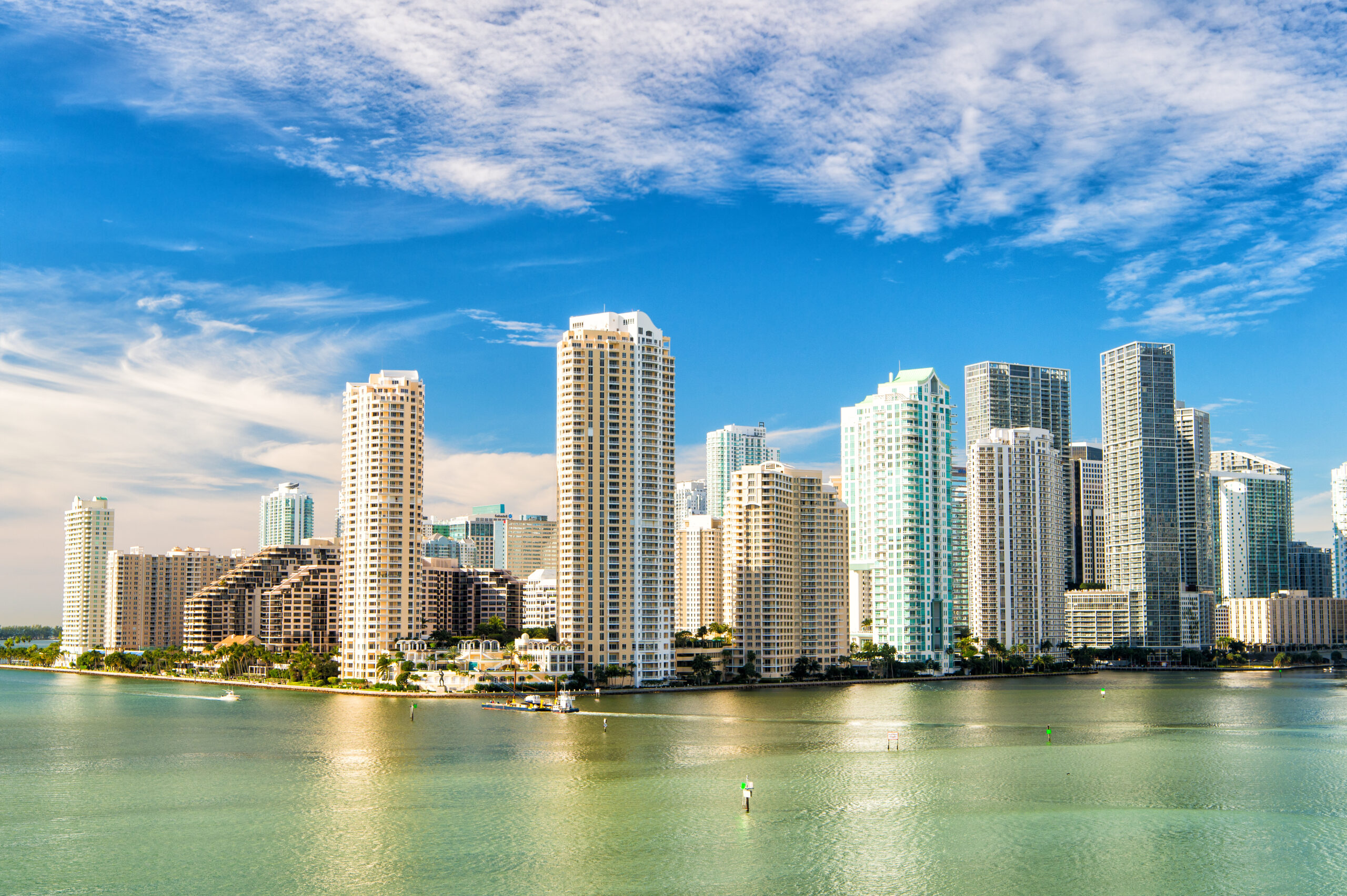 view of Miami downtown skyline at sunny and cloudy day with amazing architecture